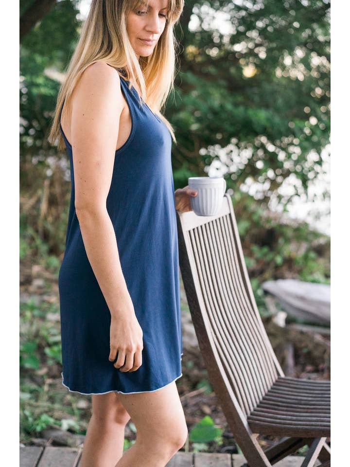 Mimi Island Loungewear - Wholesale Nightgown - Women's - The Island Nightdress - Bay Blue (Dark Blue)/White Trim1