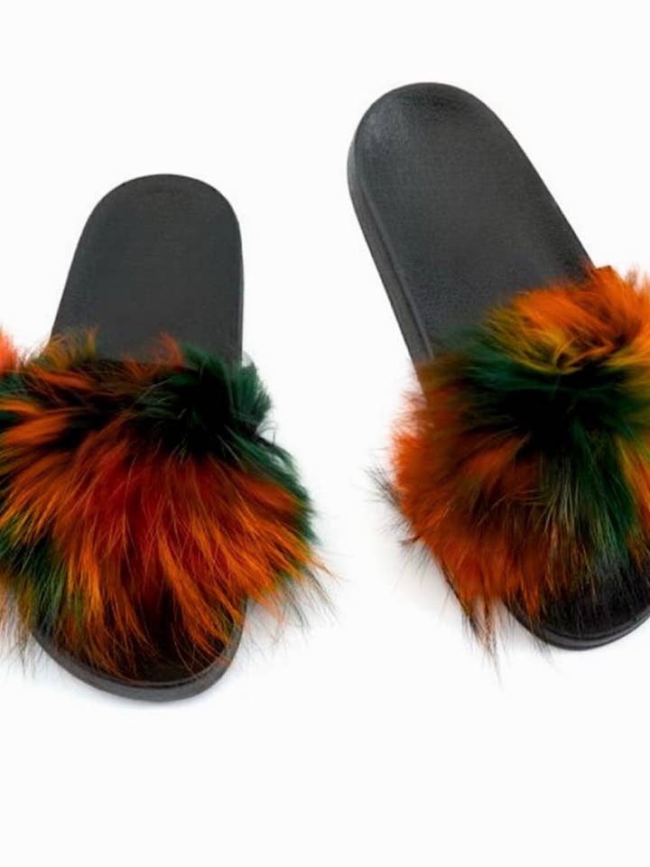 WOMANS GENUINE FOX FUR SLIDES MULTI for wholesale by DIVERGENT FOOTWEAR