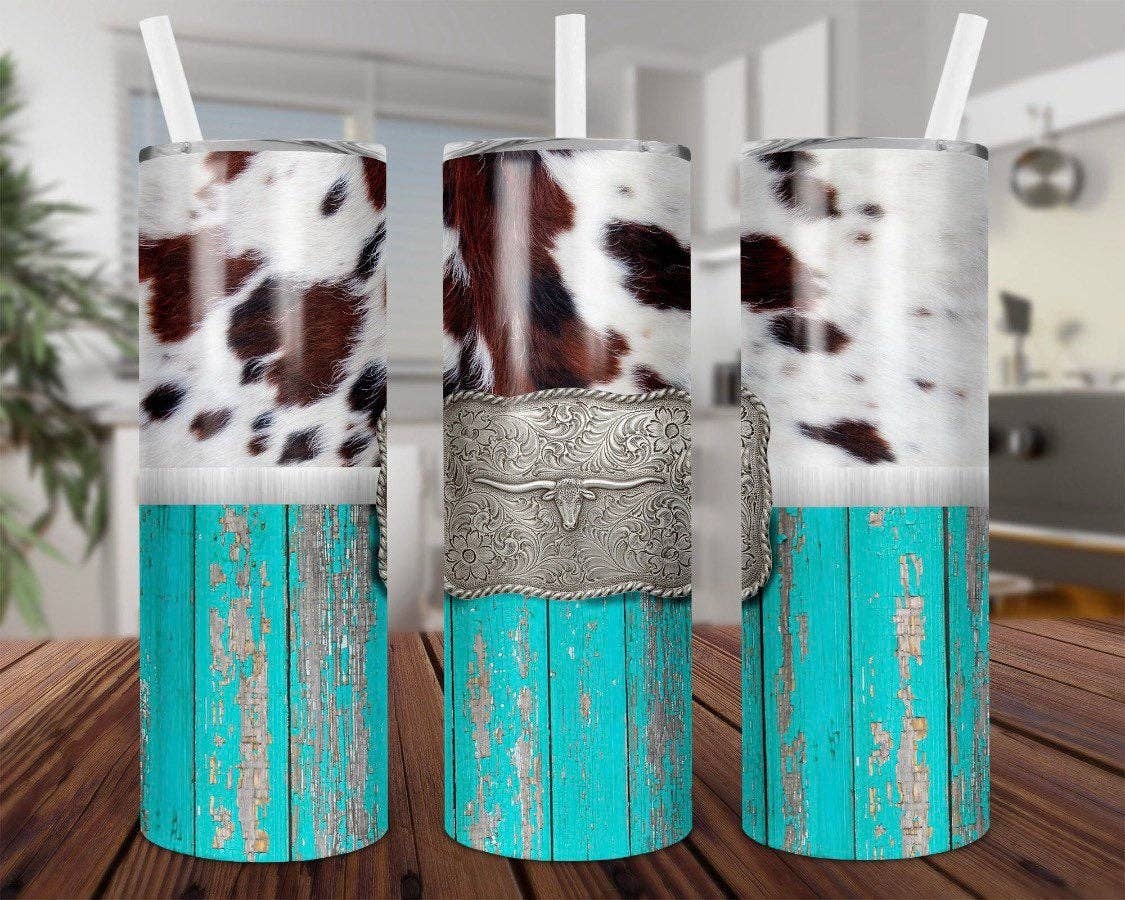 Creations by Trudy - Wholesale Insulated Mug/Tumbler - Tumbler- Cow Print, Buckle, Distressed Teal Wood1