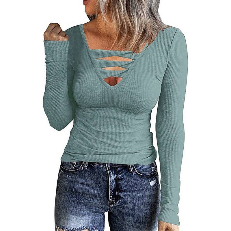 kycozy – Großhandel Strickoberteil – Damen – Einfarbiges, hohles, geripptes T-Shirt-Oberteil mit V-Ausschnitt und langen Ärmeln1