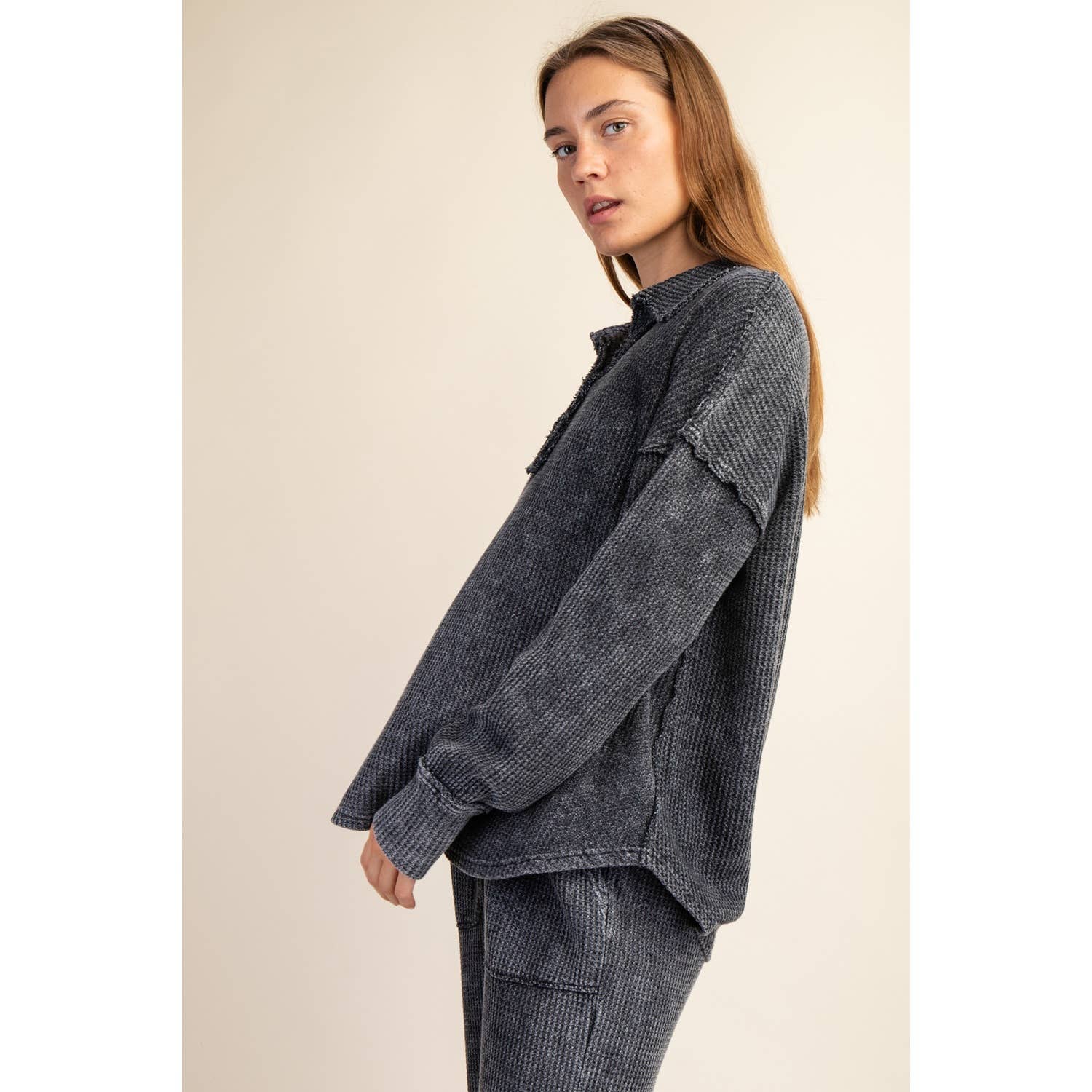 Rae Mode - Wholesale Athletic Top - Women's - MINERAL WASHED WAFFLE POLO SWEATSHIRT24