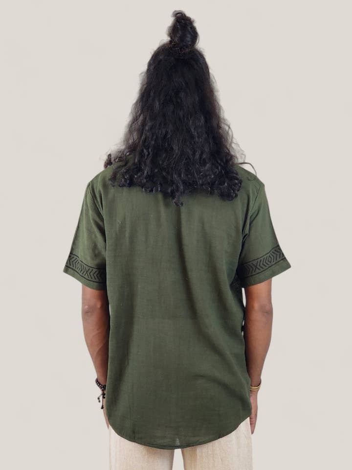 Sacred Ceremony - Wholesale Button Down Shirt - Men's - Men's Green Organic Linen Short Sleeve Block-Printed Button-Down Shirt6