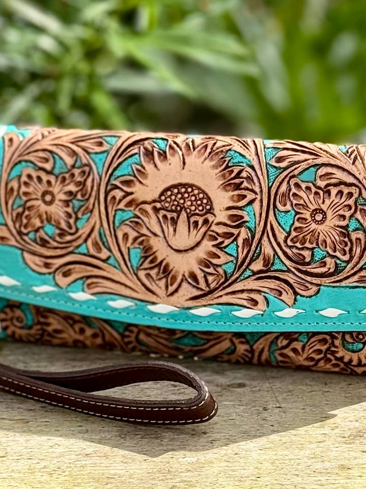 Tooled Leather Wallet Wristlet Turquoise Brown Western for wholesale by Southern Junkie Gypsy Boutique