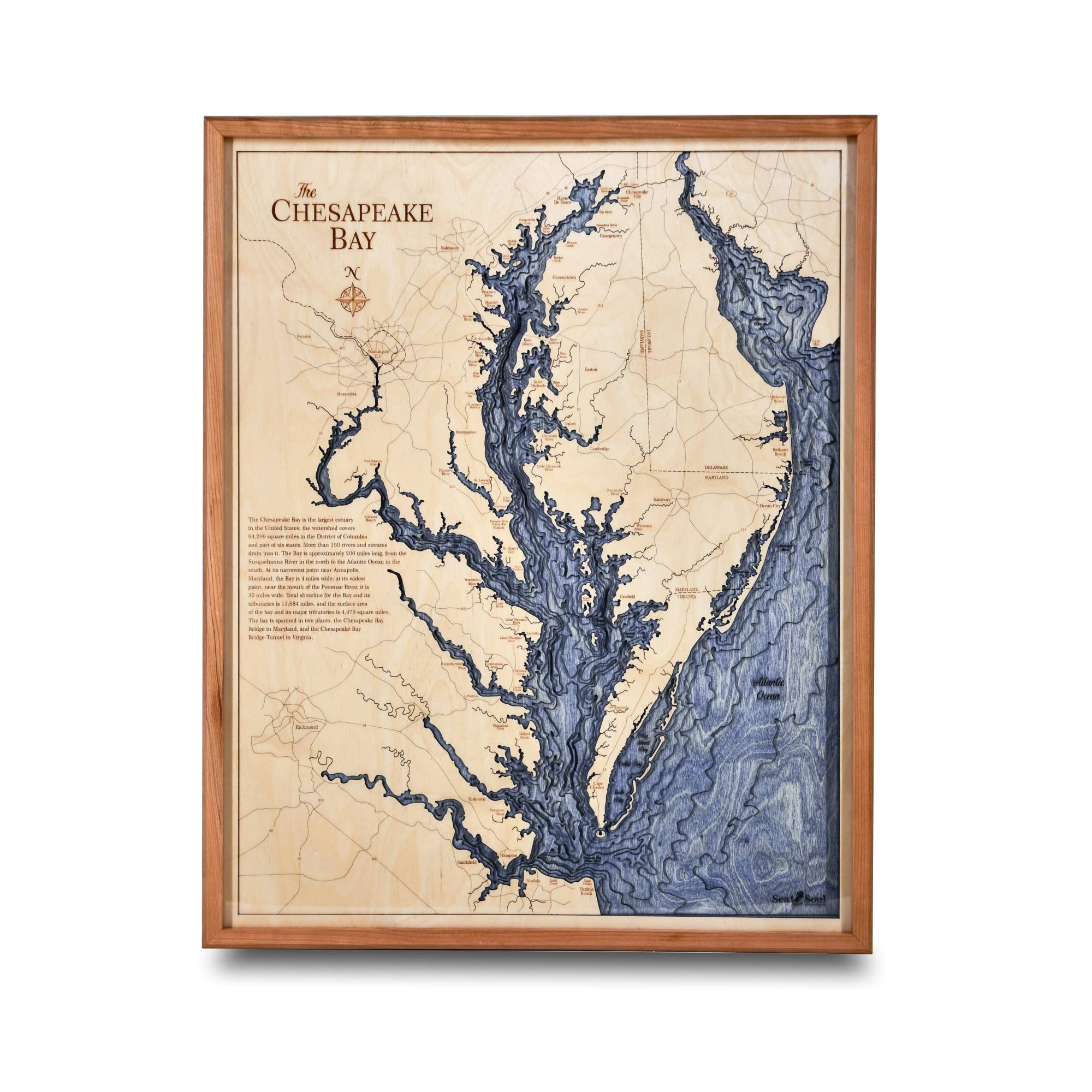Sea & Soul Nautical Chart Art – wholesale Karta – Chesapeake Bay Topografiska nautisk 3D trä karta heminredning1