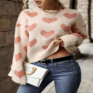  Heart Pattern Drop Shoulder Pointelle Knit Sweater (Color :  Multicolor, Size : Medium) : Clothing, Shoes & Jewelry