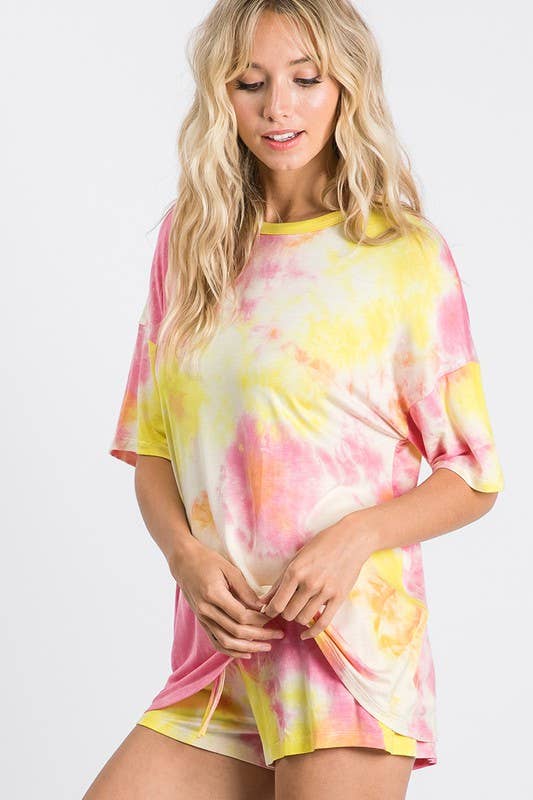 Yellow Pink Tie-Dye High-Waisted Lounge Shorts, WP9465 for wholesale on Faire8
