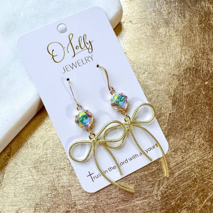 O’Lolly “Bow” Earrings - AB Stone w/Gold Bow for wholesale by O’Lolly Jewelry