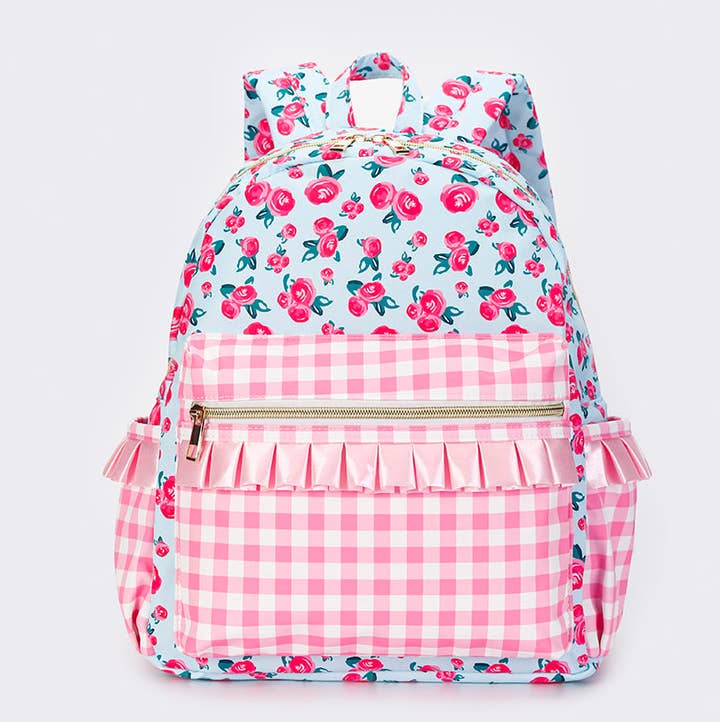 sassy kids palace – Mochila - Crianças por atacado – Mochila rosa xadrez com babados e estampa de flores