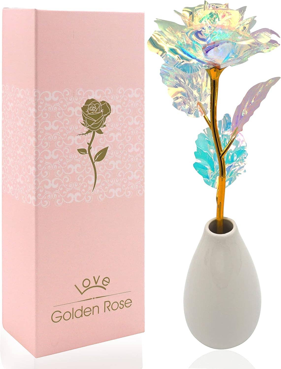 4E's Novelty - Vente Fleurs artificielles - Rose Cristal Galaxie 4E's Novelty – Rose Éternelle Irisée avec Support en Cœur & Boîte Cadeau0