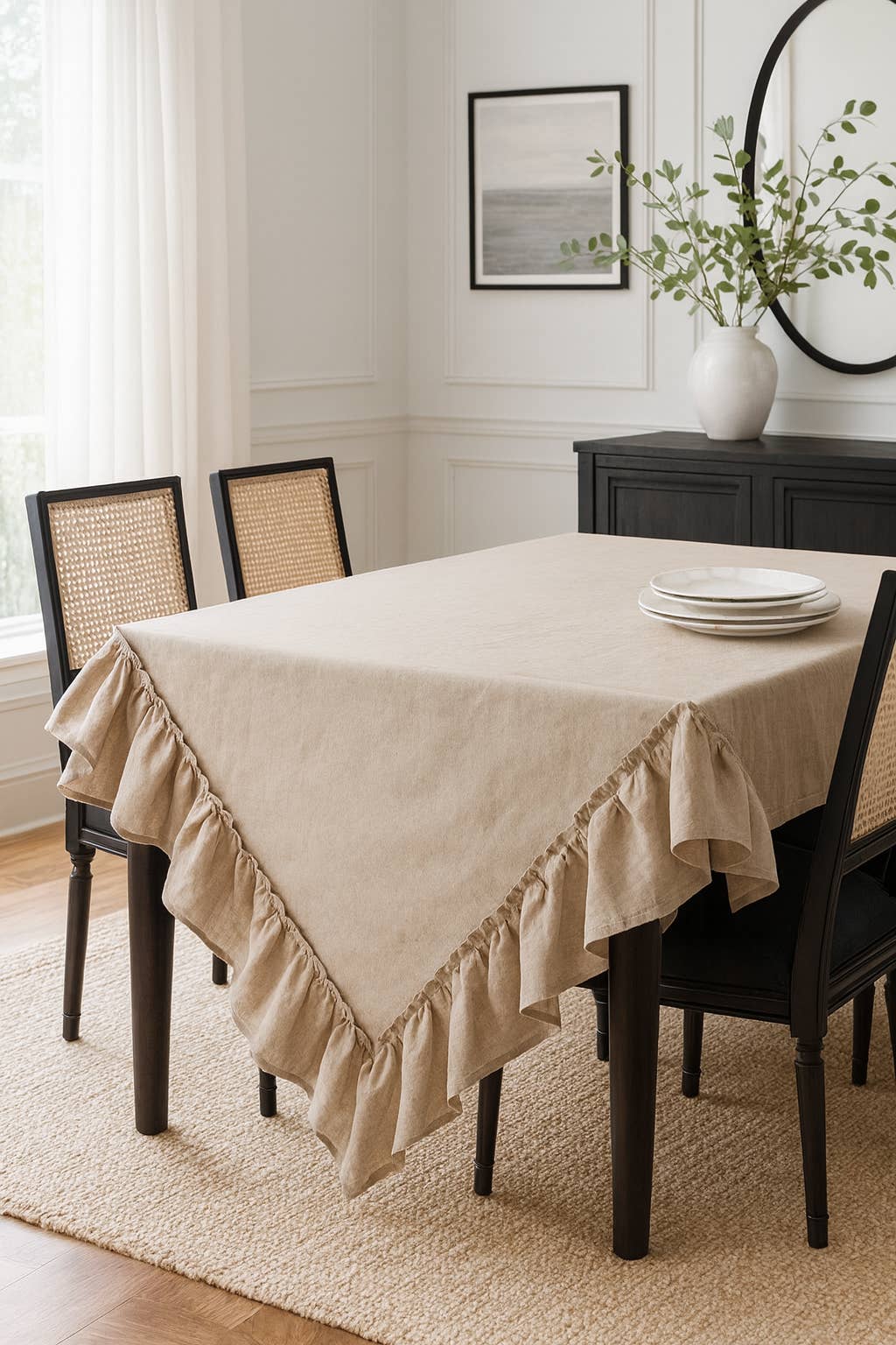 Fennco Styles - Wholesale Tablecloth - Khaki Margaux Ruffled Trim Pure Linen 84" Square Tablecloth