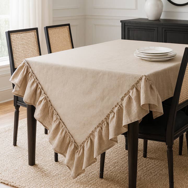 Fennco Styles - Wholesale Tablecloth - Khaki Margaux Ruffled Trim Pure Linen 84" Square Tablecloth 0