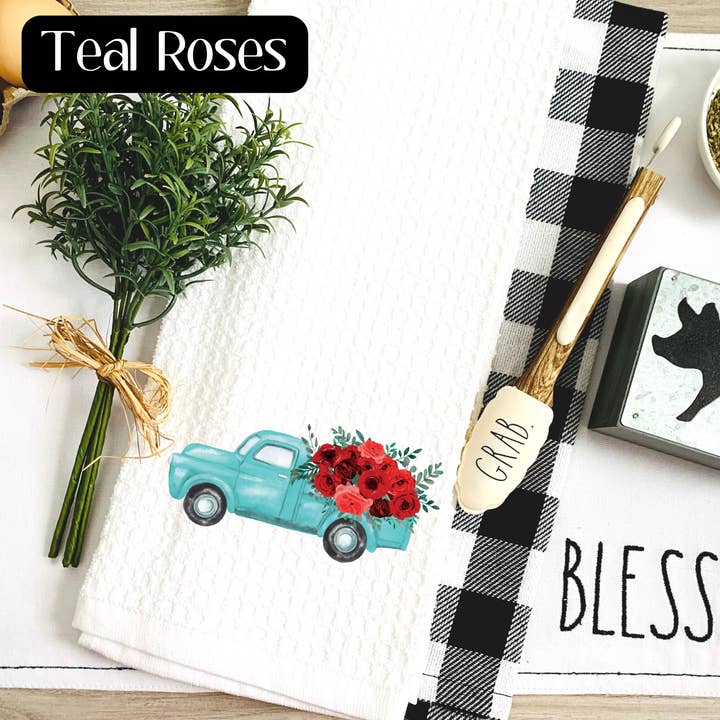 Teal Roses Truck Kitchen Tea Towel, Spring Flowers, OldTruck for wholesale by Henry and Hannah