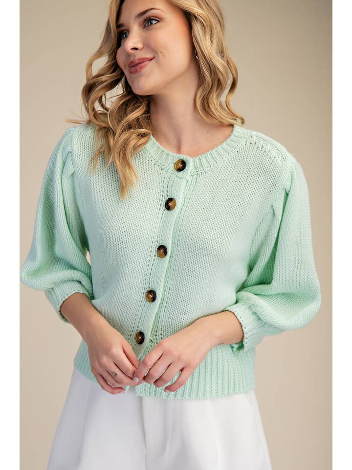 Glam - Wholesale Knit Sweater - Women's - Short Puff Sleeve Button Down Sweater - Reorder Friendly30