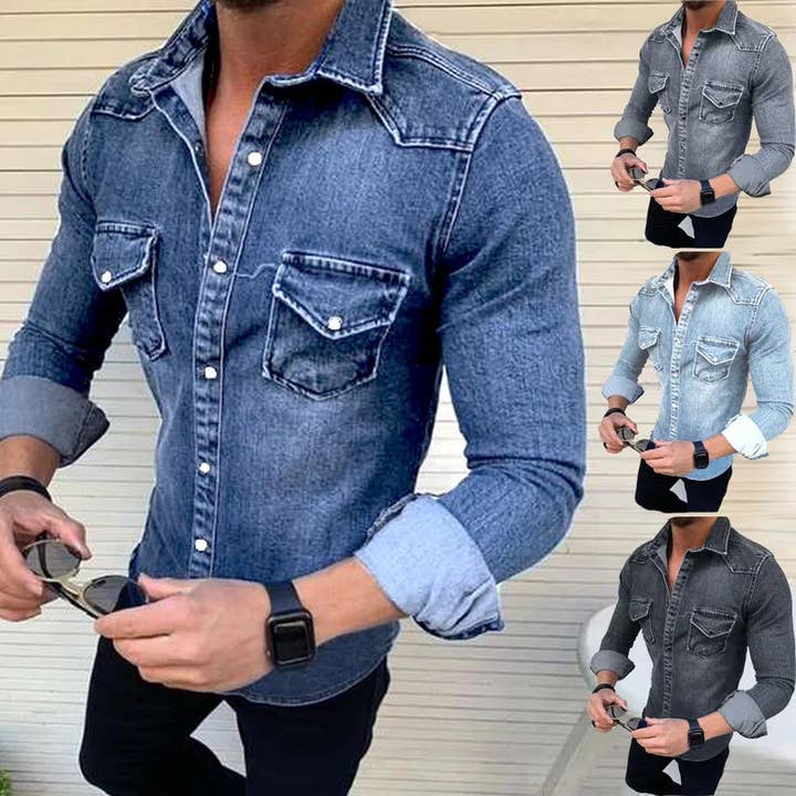 Men's Solid Color Simple Style Turndown Long Sleeve Slim Men's Tops for wholesale by Aromatized Collection