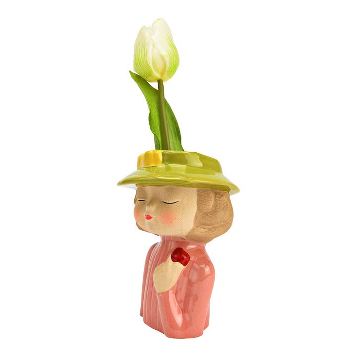 Wurm - Wholesale Plant Pot - Flower pot woman with hat made of stoneware, Pink/Green/Beige (W/H/D) 10x15x9cm1