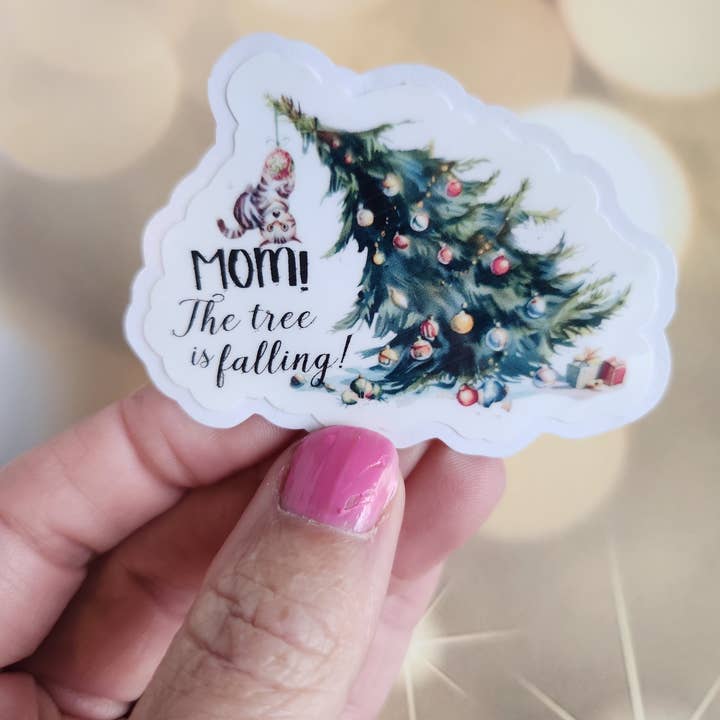 The Christmas Tree is Falling, Cat Christmas Tree Sticker for wholesale by Blu Butterfly Stickers