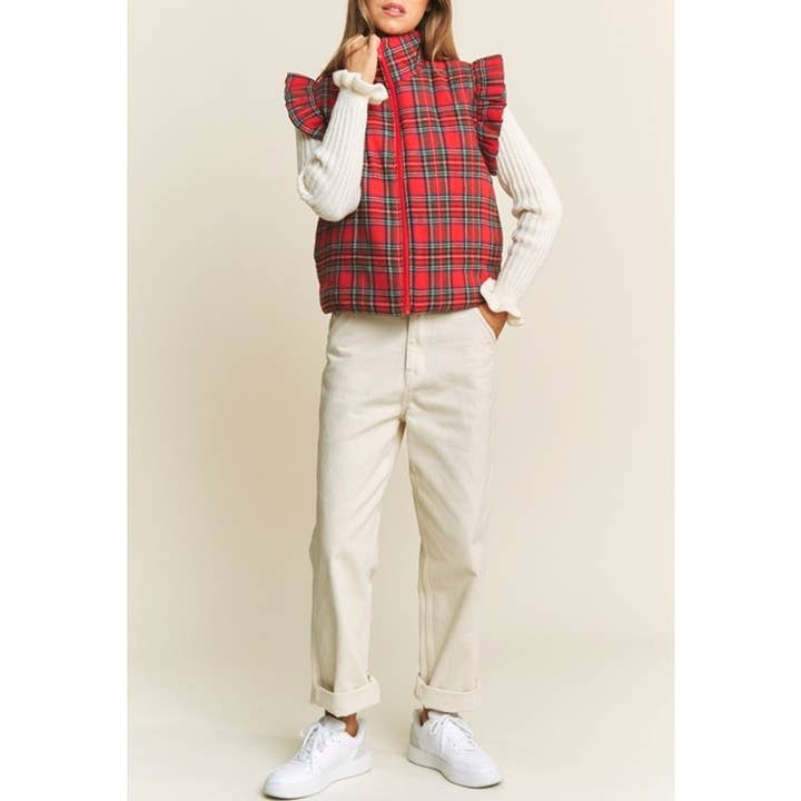RED 9667 EVERYDAY PLAID PUFF ZIP UP VEST JACKET with ARMHOL for wholesale on Faire8
