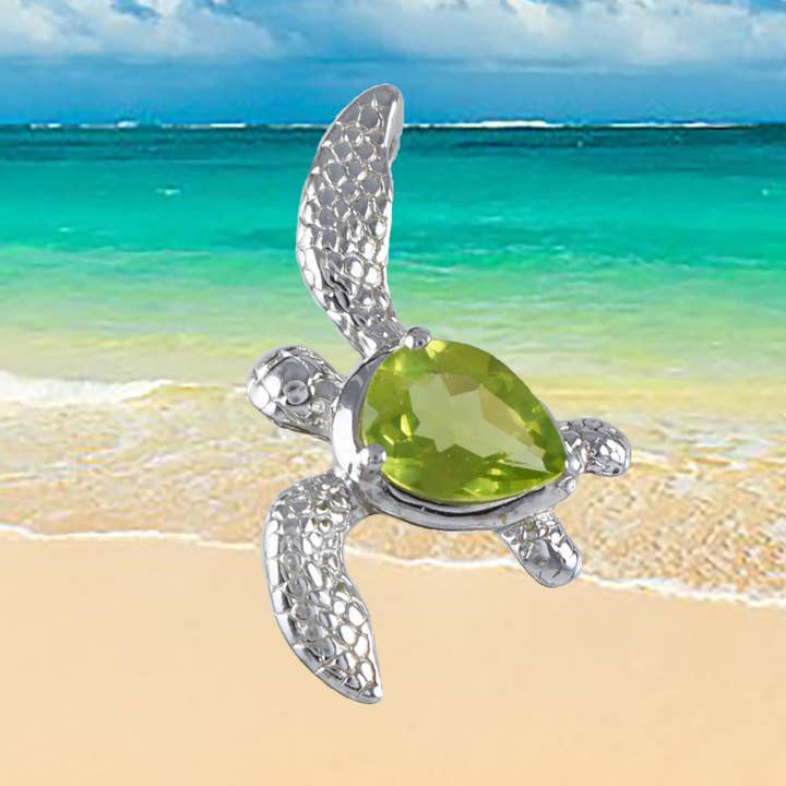 Hawaiian Genuine Peridot Sea Turtle Pendant, Sterling Silver Peridot Sea Turtle Pendant, Christmas Mom Birthday Gift for wholesale by Paradise Treasures Jewelry