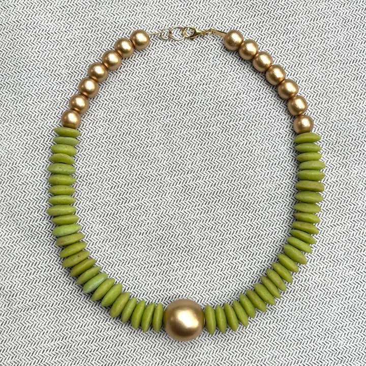 April Mae Designs - Wholesale Beaded/Pearl Necklace - Lime green and gold beaded statement necklace