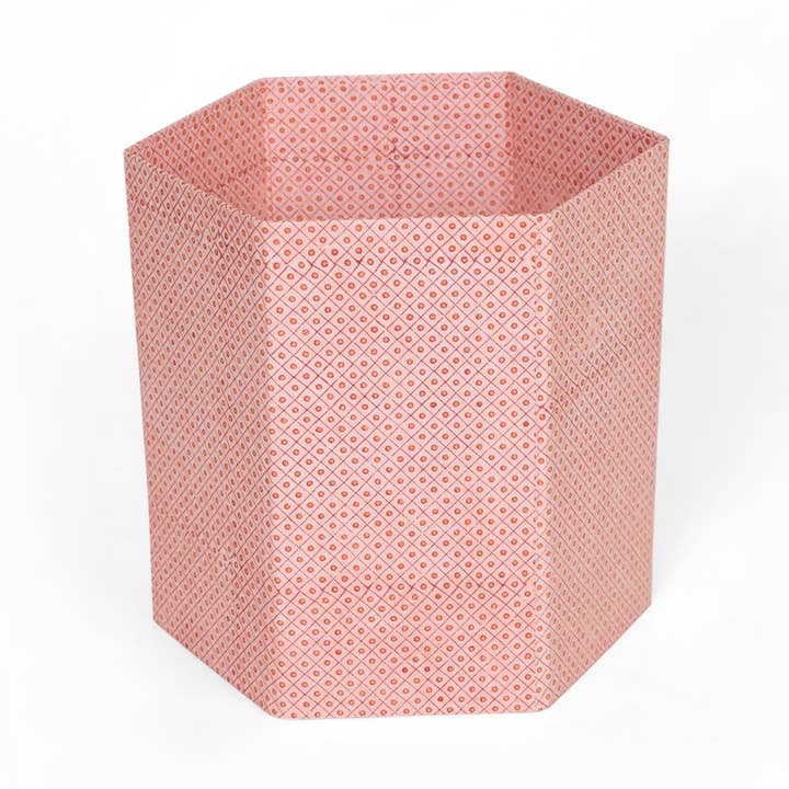 BLOCK PRINTED HEXAGON COLLAPSIBLE BASKET - DOT & GRID RED for wholesale by Craft Boat