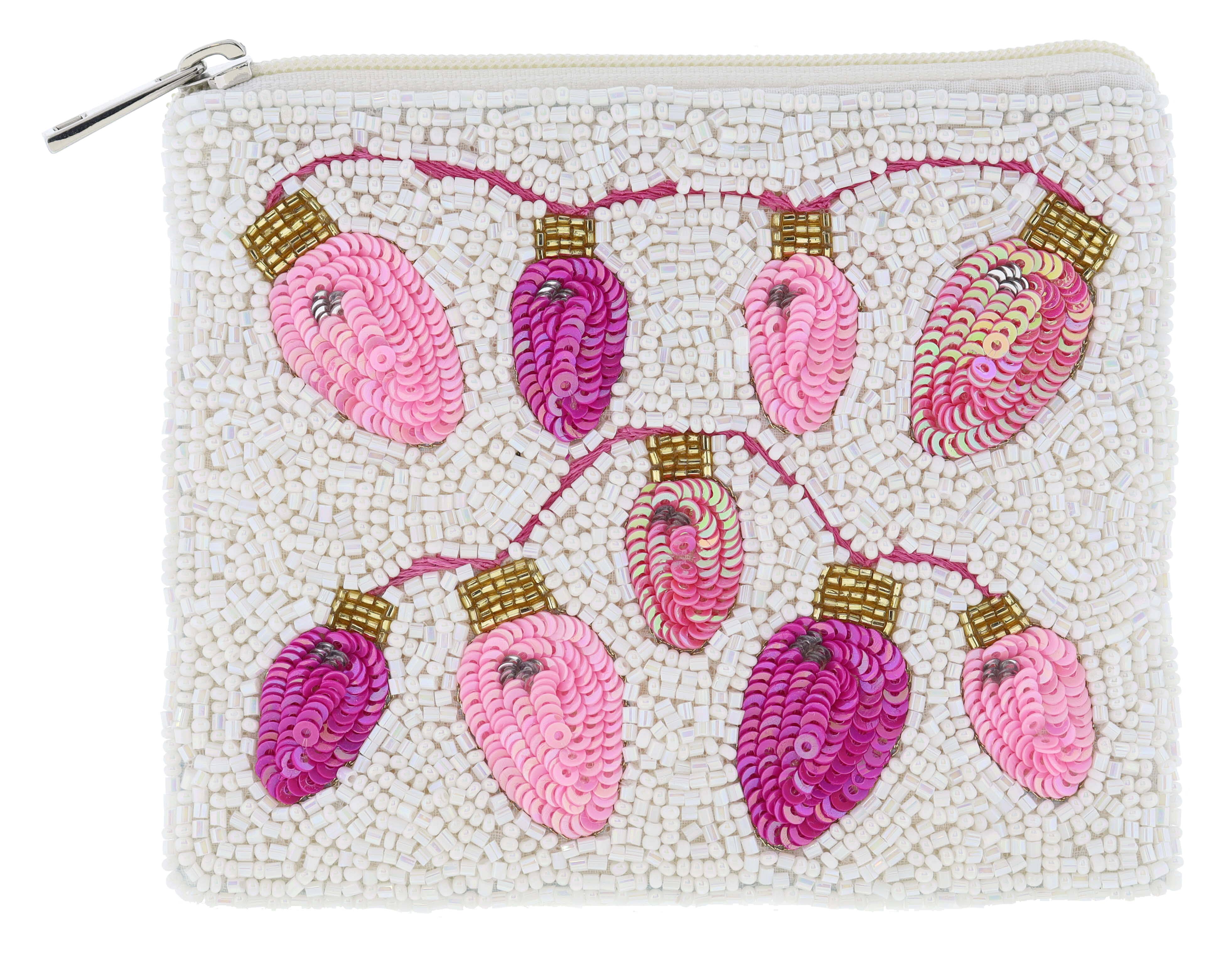 Jane Marie - Wholesale Coin Purse - Women's - Pink & Gold Christmas Lights on Iridescent Beaded Coin Purse0