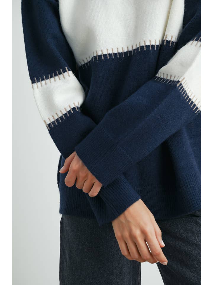 NAVY IVORY Color Block Striped Crew Neck Sweater - BMW7501 for wholesale on Faire10