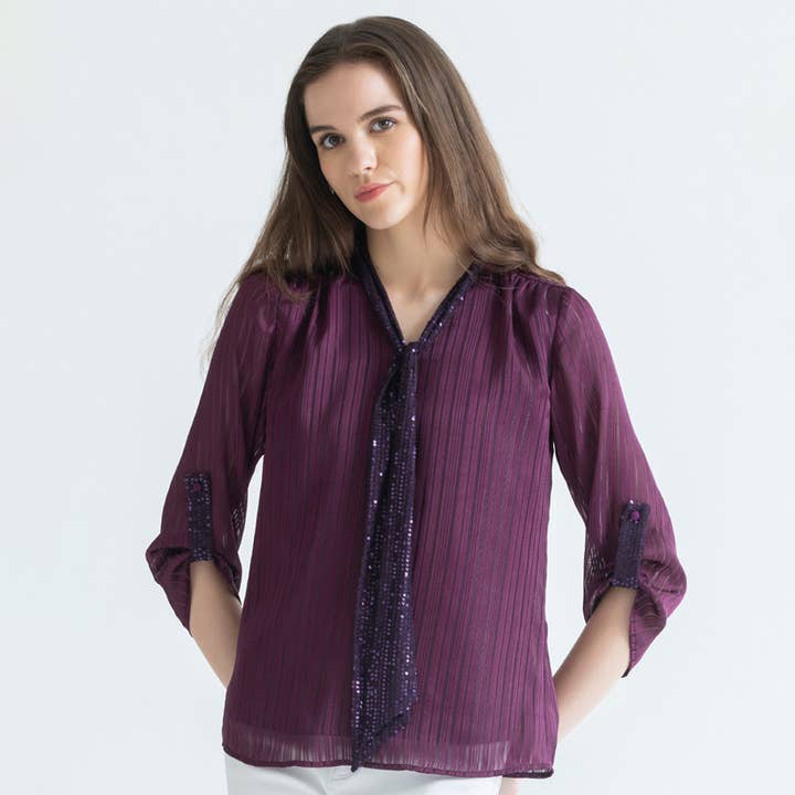 Lila V-ringad festblus för kvinnor för wholesale av Benares