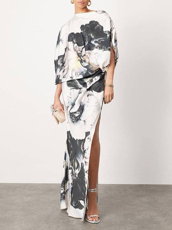 GRIS Vestidos de noche de un solo hombro con mangas murciélago sueltas asimétricas estampadas con flores y abertura lateral. de venta al por mayor en Faire1