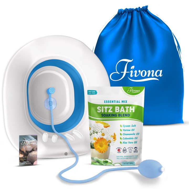 Fivona Sitz Bath Kit 4 in 1 Bundle of Expandable Toilet Seat with All Natural Soaking Blend - Massage Hand Flusher and Storage Bag; Postpartum Care and Hemorrhoid Treatment for wholesale by FIVONA