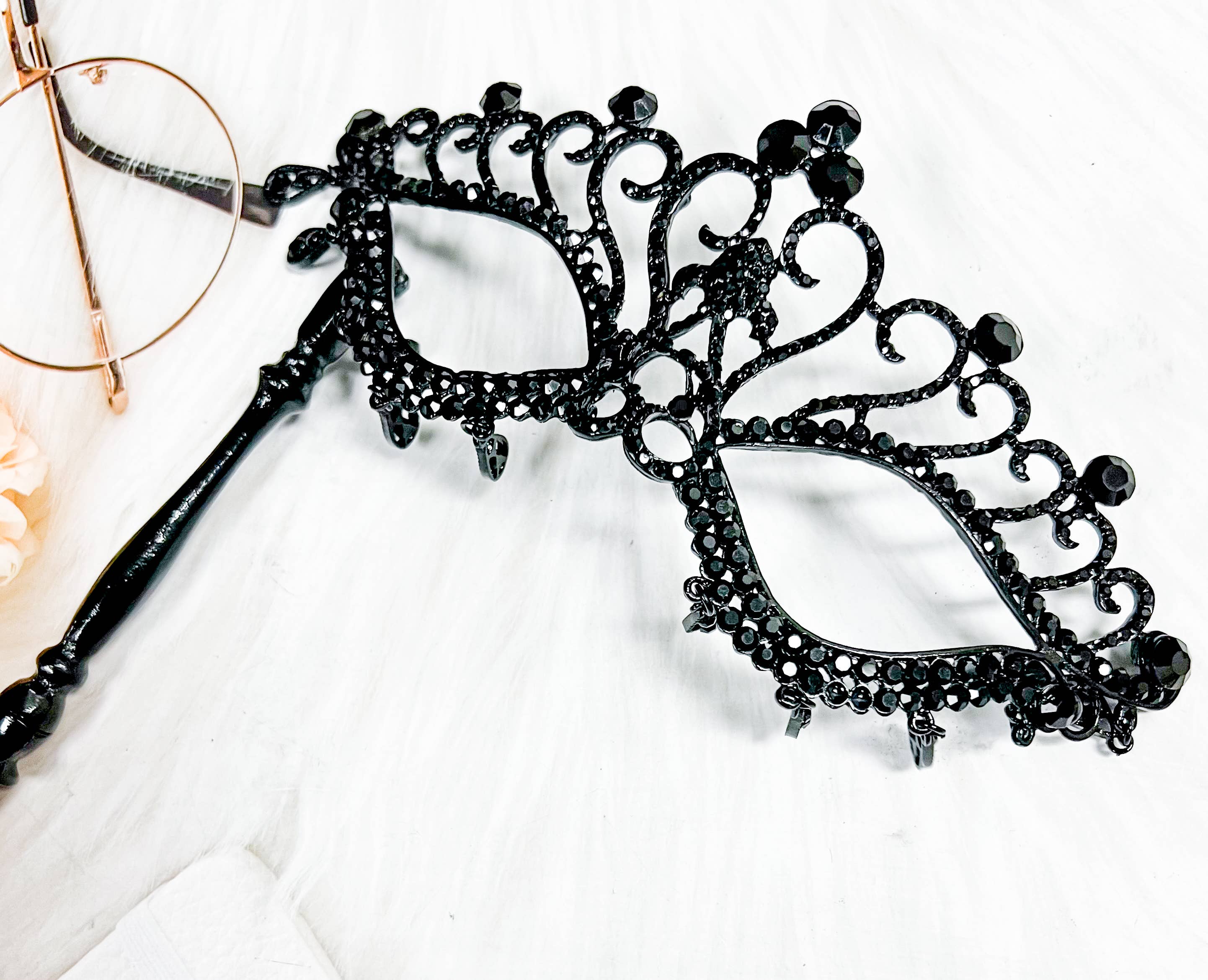 Happy Dream Gifts - Wholesale Costume - Men's - Black Masquerade Mask with Stick, Crystal Masquerade Mask4