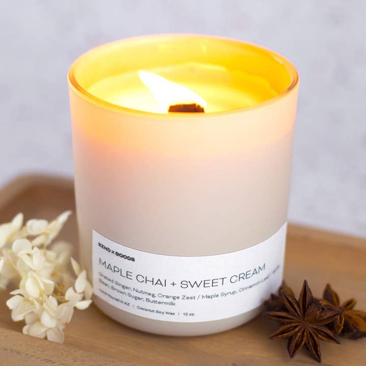 Maple Chai + Sweet Cream Wooden Wick Candle for wholesale by SZND GOODS