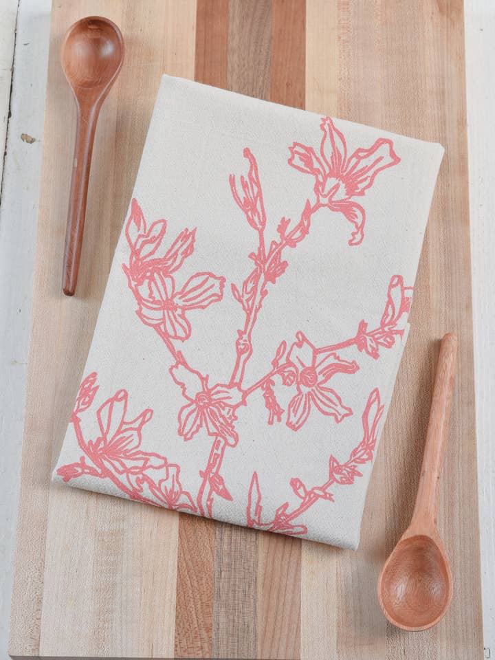 Organic Cotton Forsythia Tea Towel in Coral - Floral Print for wholesale by Hearth and Harrow