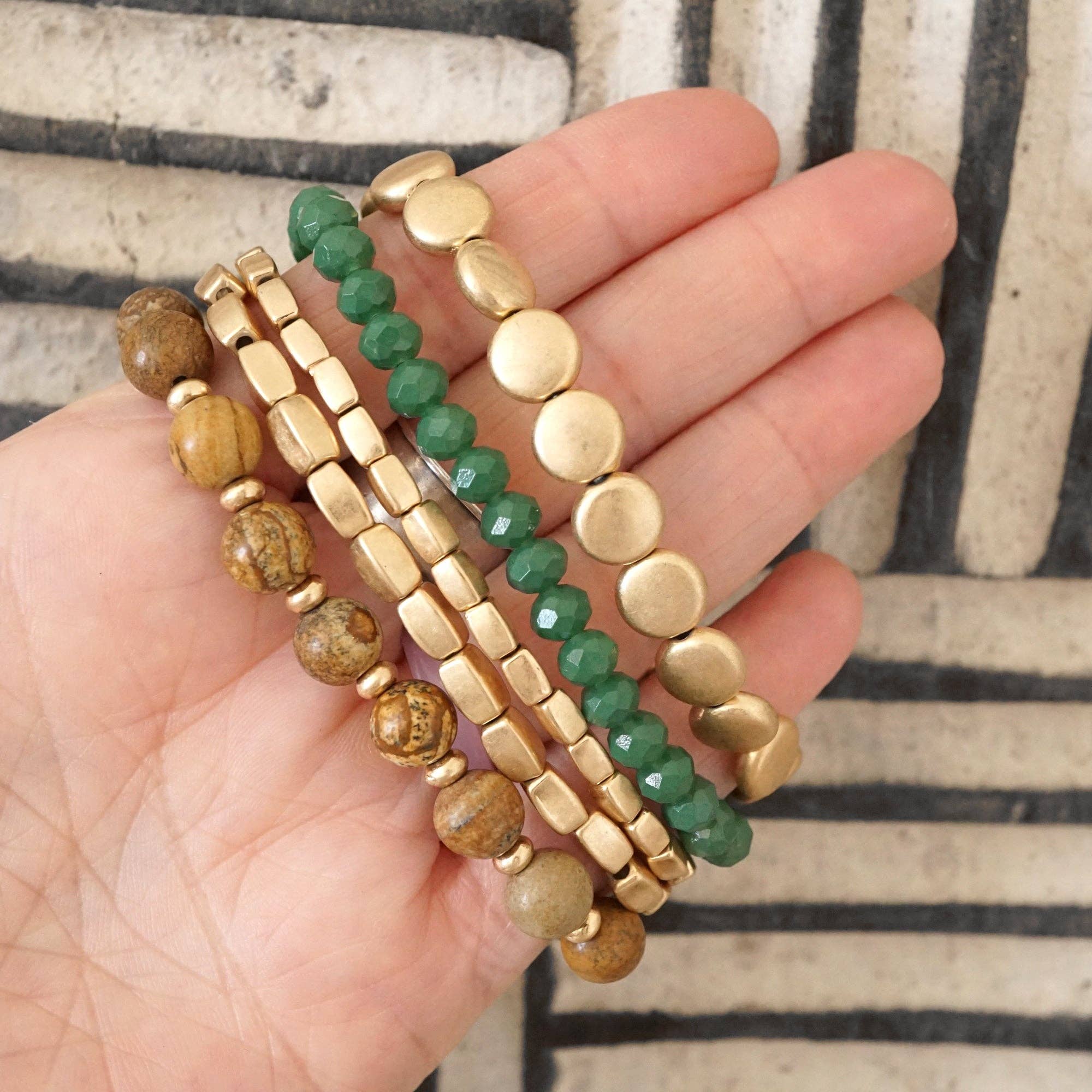 PennyLine inc - Wholesale Beaded Bracelet - 5 piece Boho Bracelet Stack Green Brown and worn gold tone4