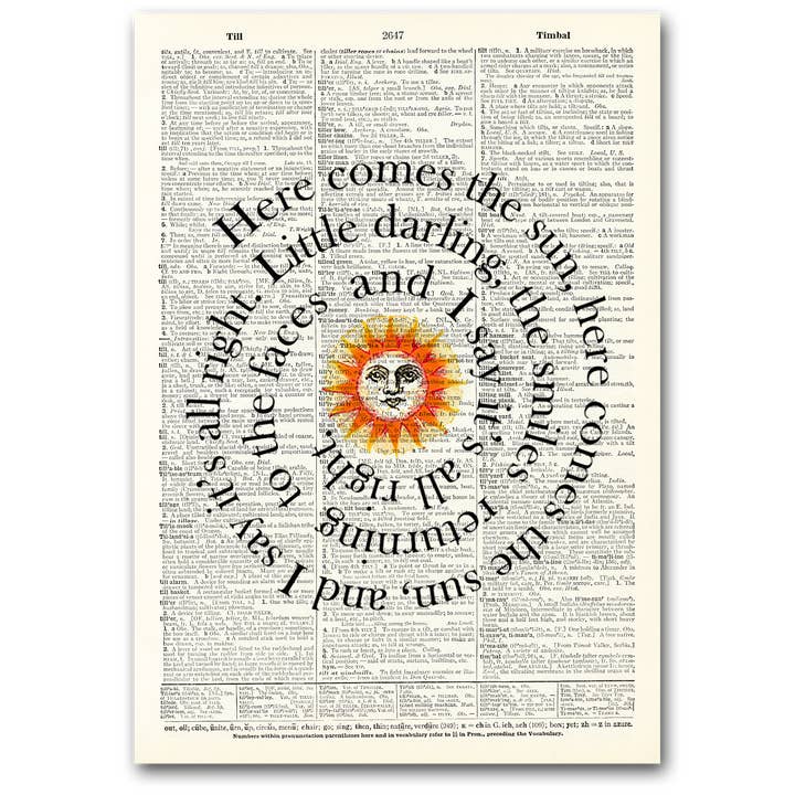 Stampa d'arte | Pagina di dizionario | Vintage | Ecco che arriva il sole per la vendita all'ingrosso da parte di Vintage Dictionary Art