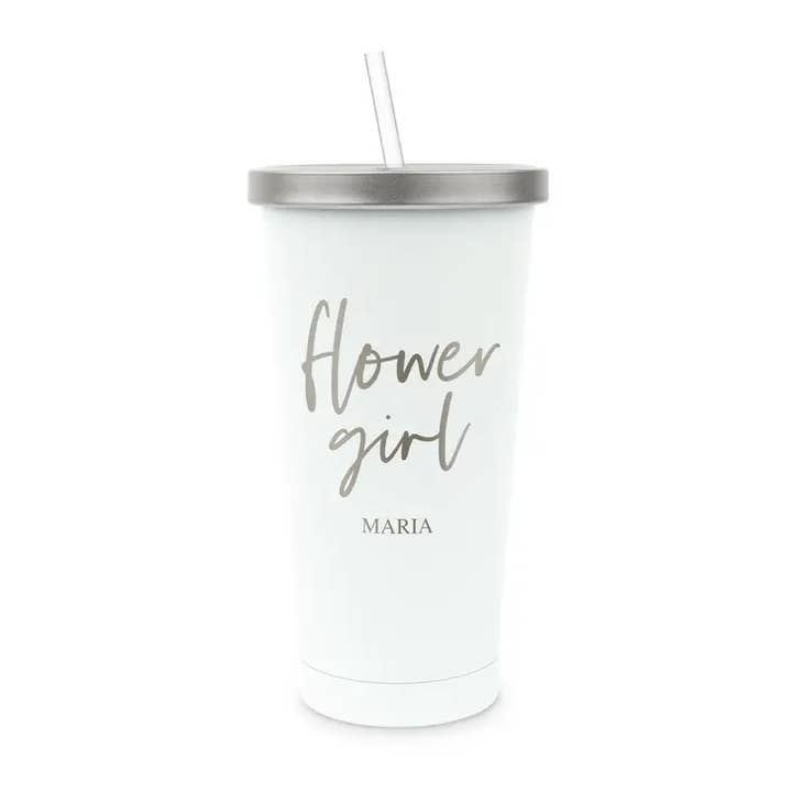 Weddingstar Inc. - Wholesale Insulated Mug/Tumbler - White Metal Drink Tumbler W/ Metallic Lid - Flower Girl