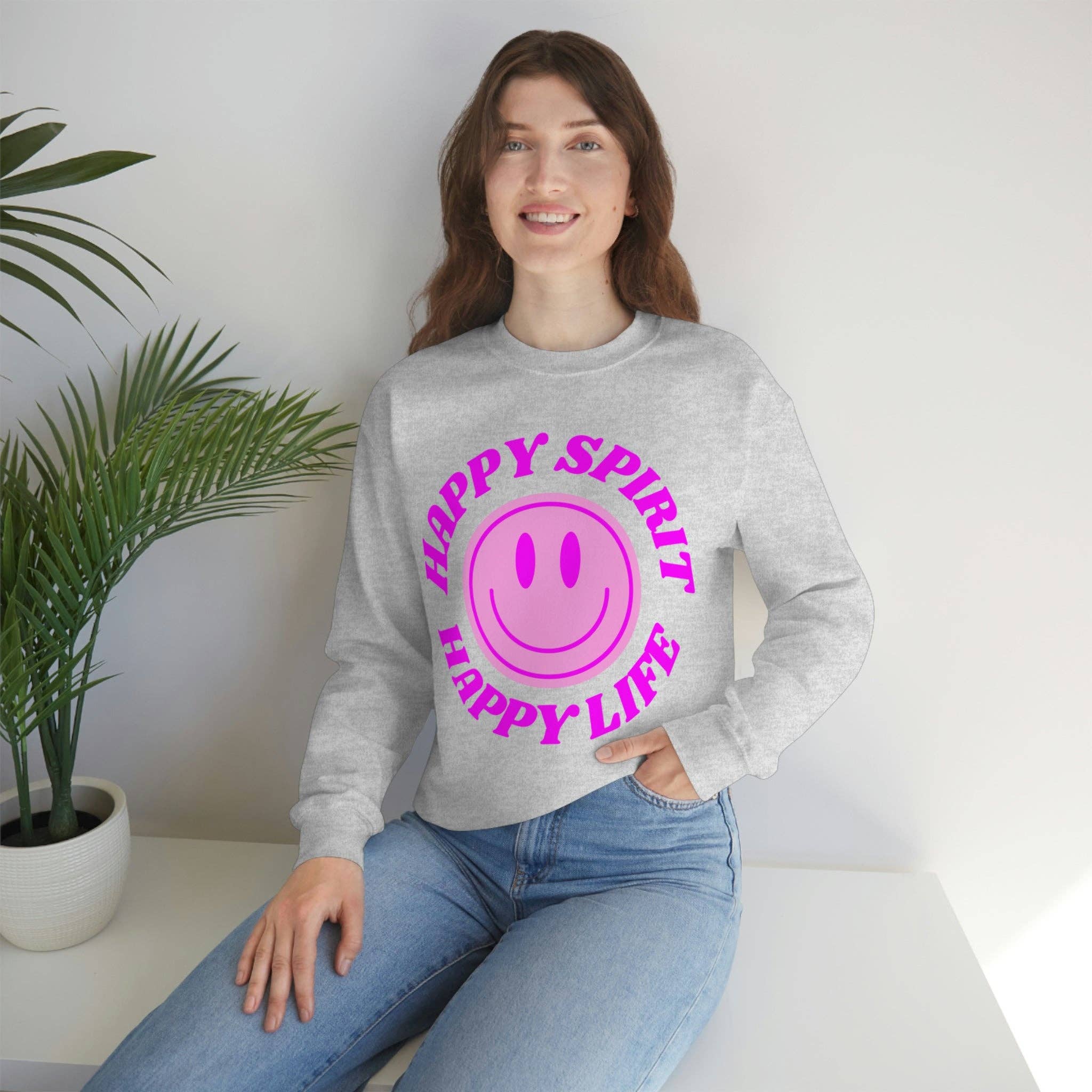 Happy Life Stuff - Wholesale Graphic Sweatshirt - Women's - Happy Spirit Happy Life Sweatshirt, VSCO Girl Crewneck, Oversized Retro Font Graphic Tumblr, Front Print Smile Face Trendy Cover Up8