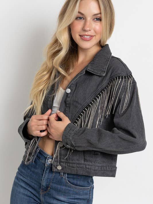 CROP DENIM JACKET WITH RHINESTONE FRINGE for wholesale by Pink Irene Wholesale