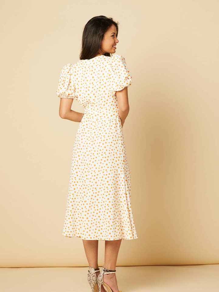 Timeless London - Wholesale Dress - Women's - Catherine White Dress in Orange Polka Dot Midi Tea Dress