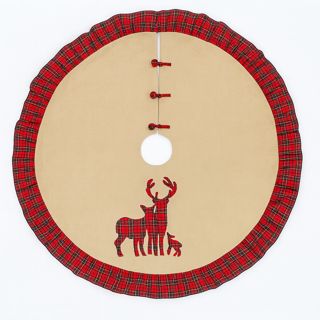 Fennco Styles – Saia de árvore por atacado – Rena Tartan Plaid Ruffle 53" Saia Árvore de Natal Redonda2