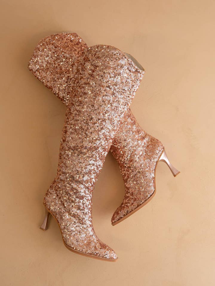 The Jewel Rose Gold | Knee High Sequin Boot for wholesale on Faire