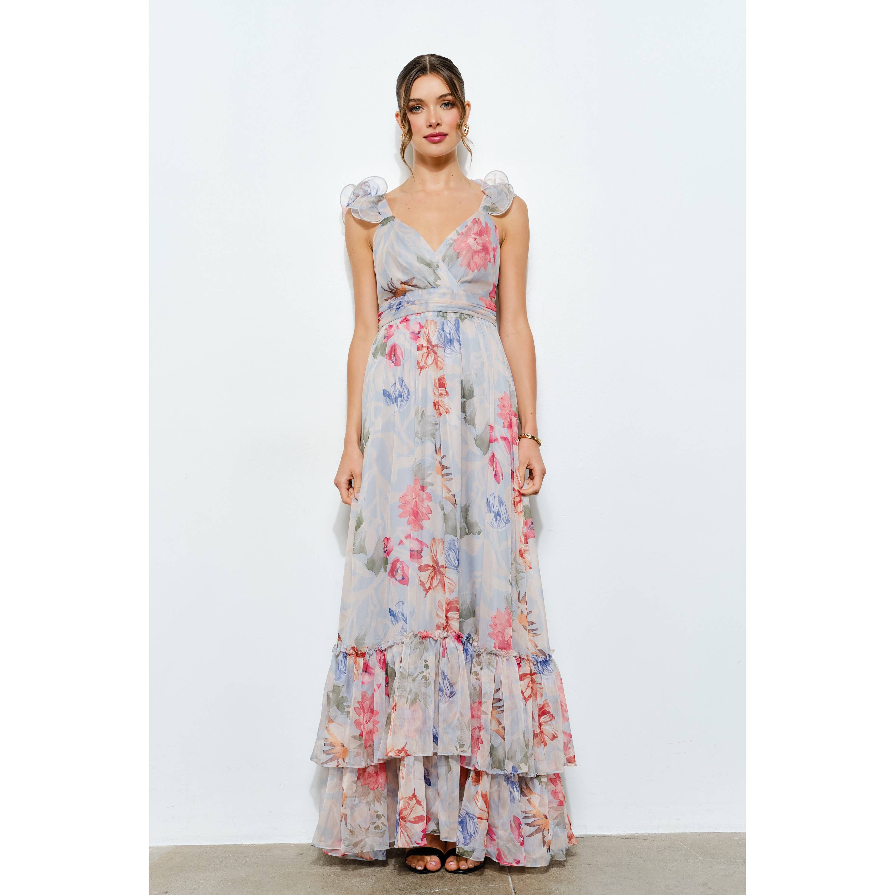 INA - Vendita all'ingrosso Vestito - Donna - Abito lungo a balze in chiffon floreale con spalle arricciate18