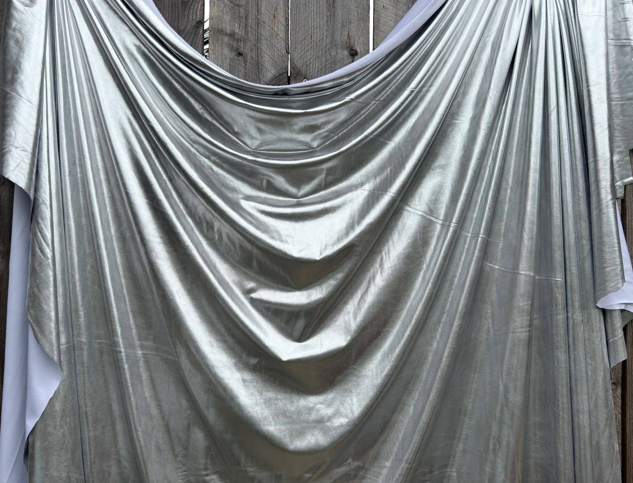 GalaTextile - Wholesale Fabric - Silver Spandex Lame Foil Fabric by Yard Super Stretch Metallic Lame All Over Foil on Stretch Knit for Dance Wear Costumes, Dresses, Leggings3