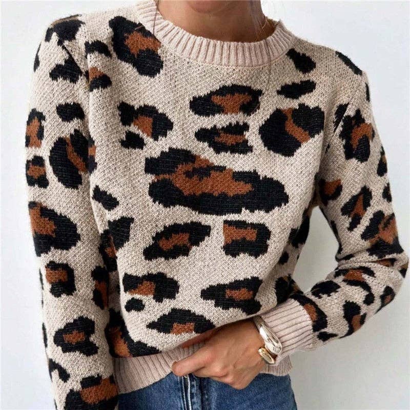 KHAKI Round Neck Color Block Leopard Print Sweater for wholesale on Faire3