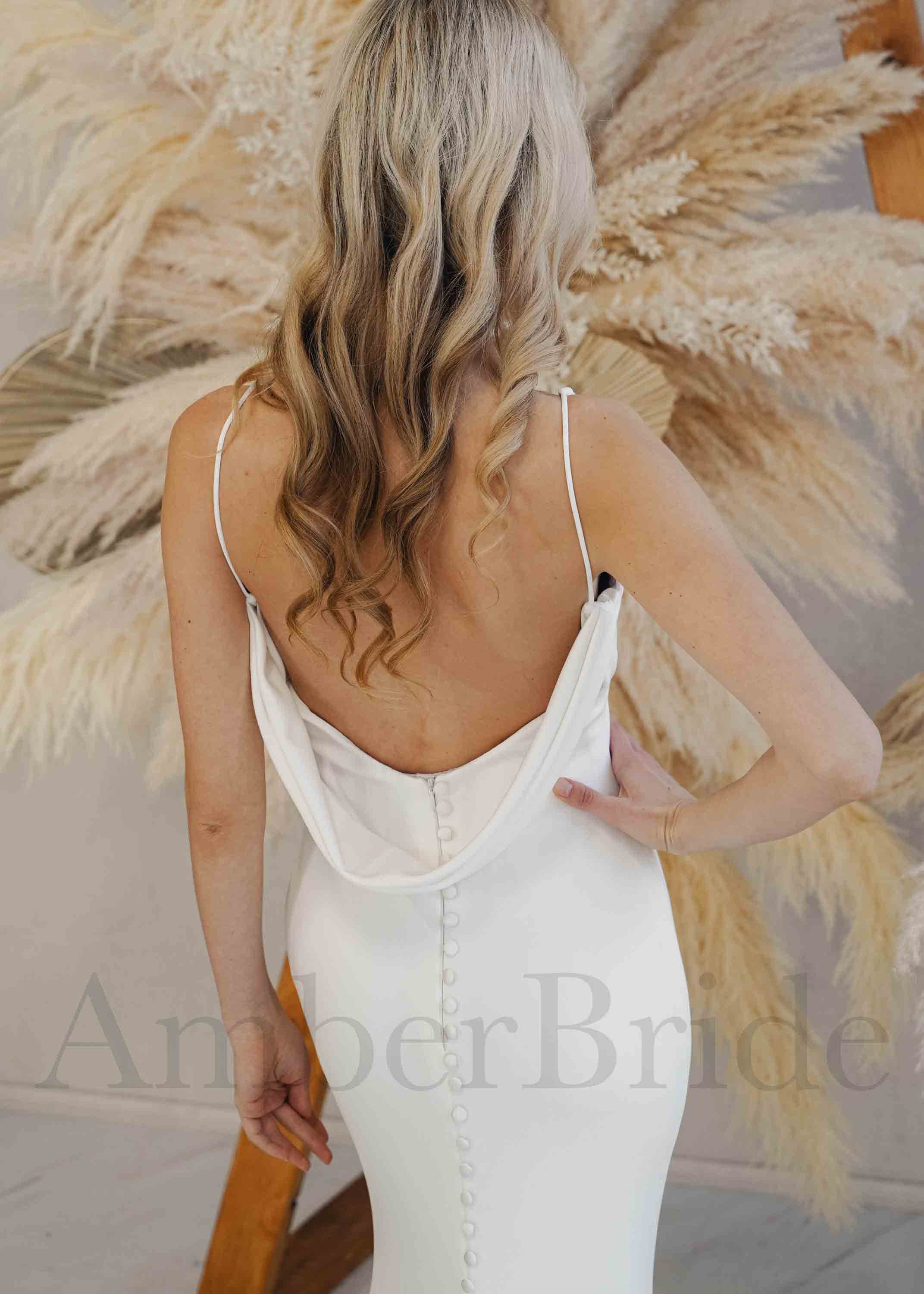 Amber Commerce Group, MB - Wholesale Gown - Women's - Simple Satin Mermaid Wedding Dress with V-Neck, Spaghetti Straps and Low Back7