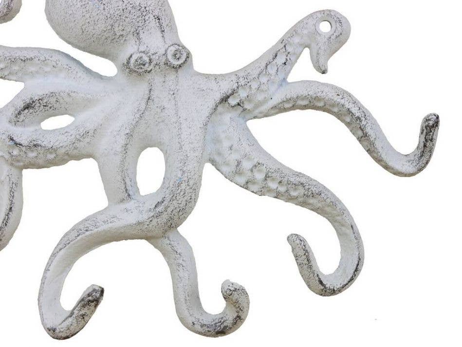 Hampton Nautical - Wholesale Wall Hook - Rustic Whitewashed Cast Iron Octopus Hook 11"3