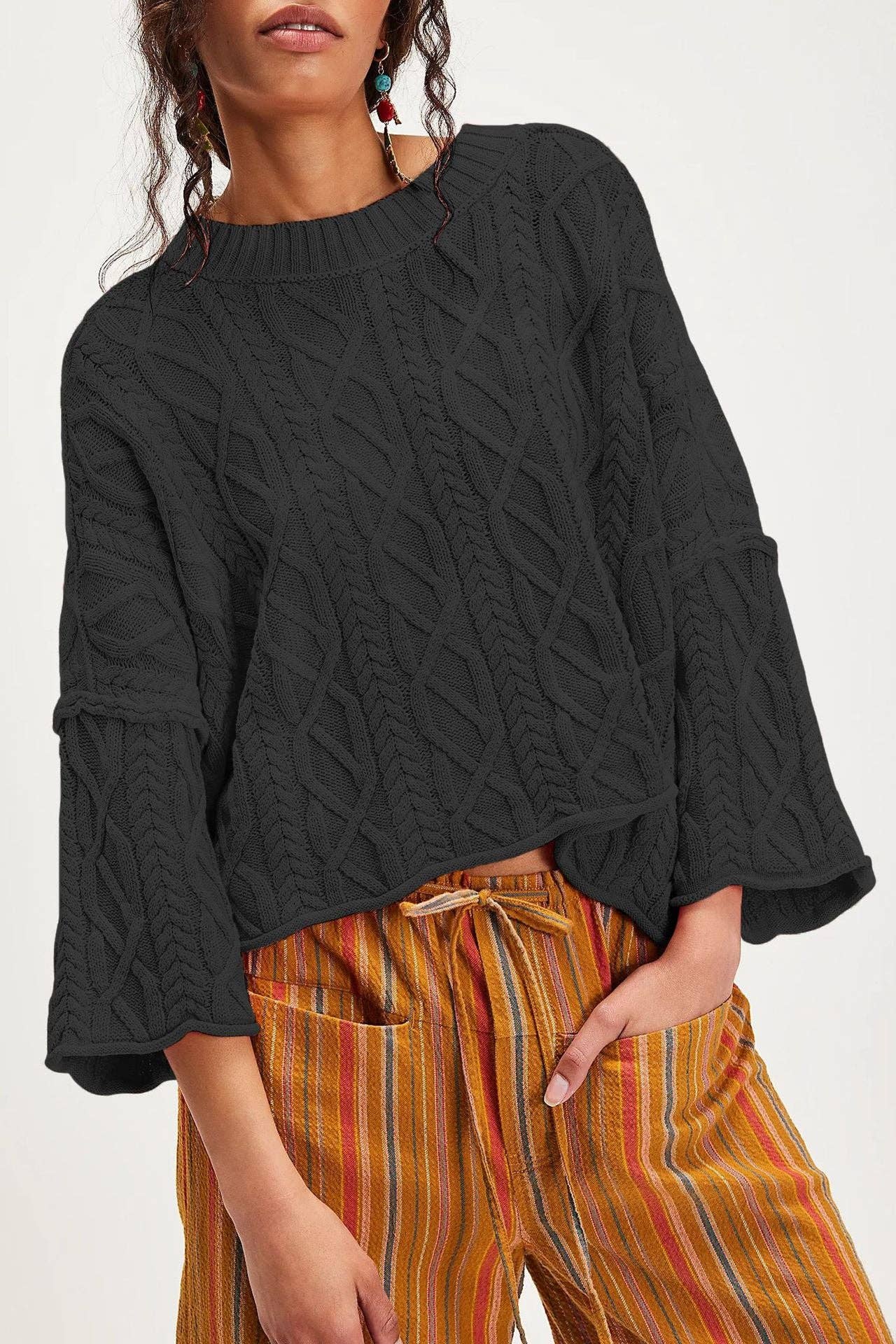 Suhkasana – Engroshandel Pullover - Dame – Chunky Kabelstrik Crop Sweater–Løs Boho Crewneck Pullover0