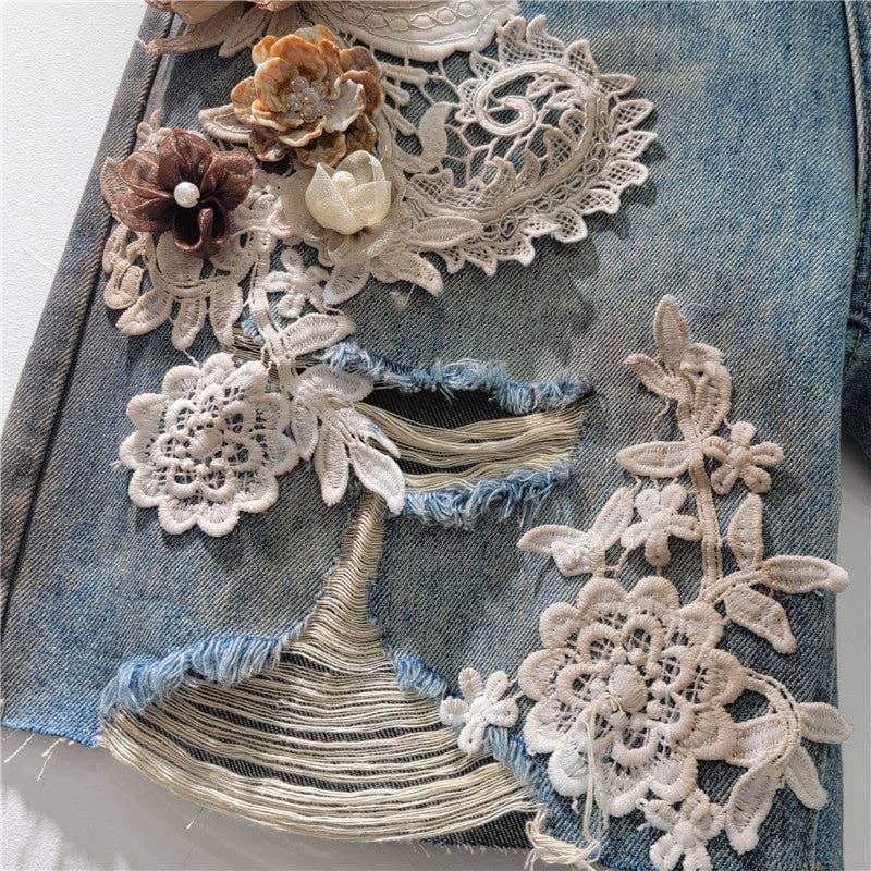 Sanyao Fashion - Wholesale Shorts - Women's - 1M237 Lace Floral Rhinestone Denim Shorts with Elastic Waist4