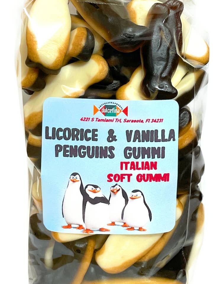 Licorice Vanilla Penguins 10oz Bag for wholesale by Dulcefina Chocolate and Sweets