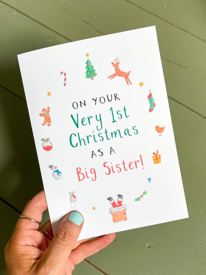 Illustreret første jul som storesøster hilsen kort for engroshandel hos Ruby and Rafe