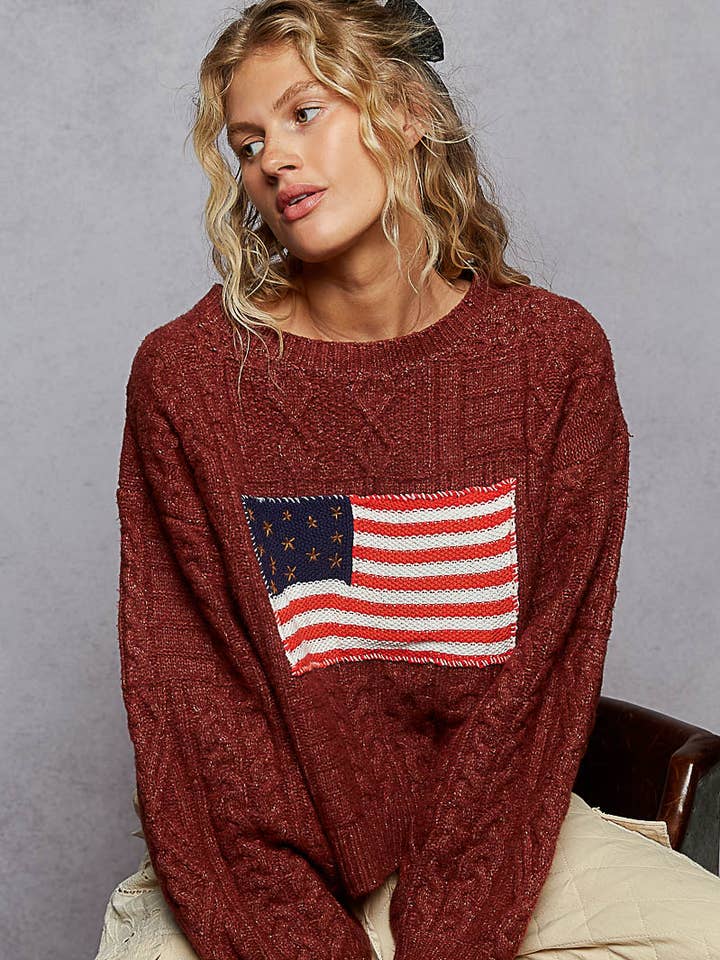 Long sleeve USA flag contrast stitch detail sweater knit top for wholesale by Pol Clothing